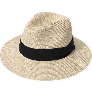 Women’s wide brim straw Panama roll up hat fedora beach sun hat UPF 50+